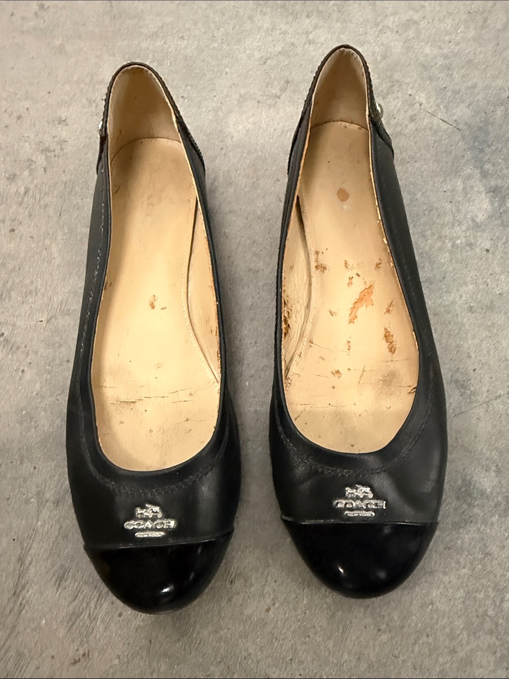 Coach Black Leather Cap-Toe Ballet Flats with Silver Logo